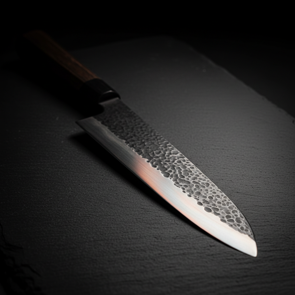 A forged Japanese knife blade resting in low light on dark slate